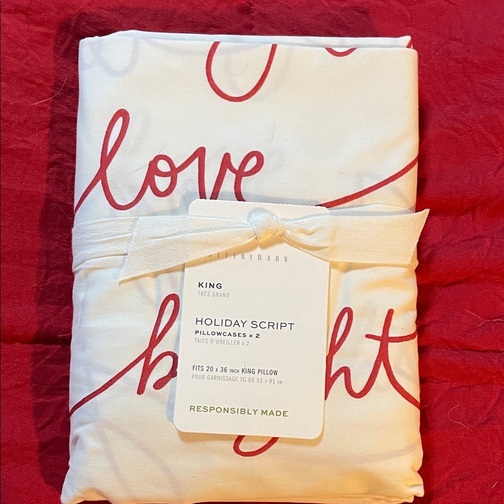 2 Pottery Barn Holiday Script Pillowcases - Red and White NWT